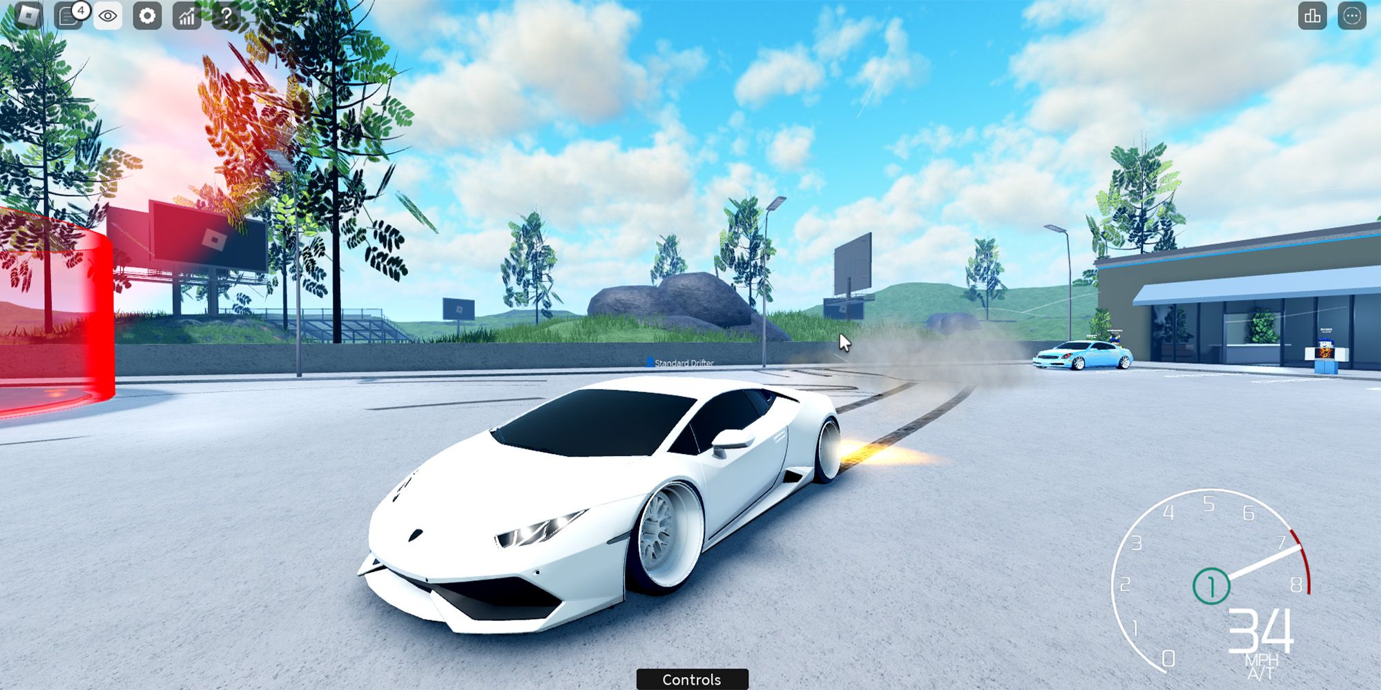 A white sports car leaves skid marks behind it while drifting in a parking lot in Drift Paradise.
