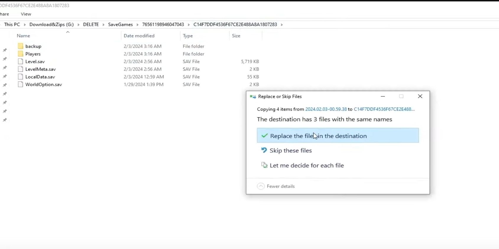 Pasting save files into Palworld saved data folder