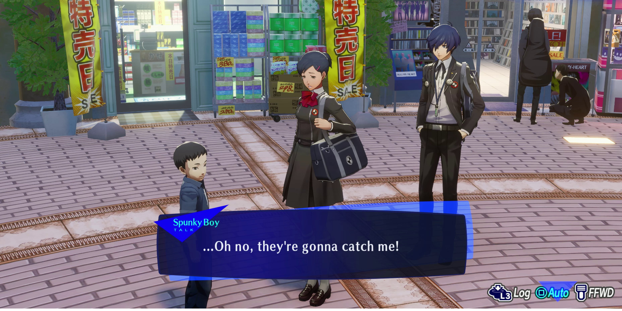 Persona 3 main character and a high school girl talking to a little boy