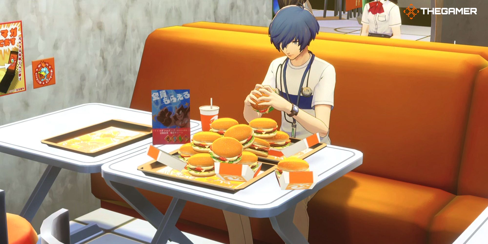 Persona 3 Reload protagonist with a pile of burgers
