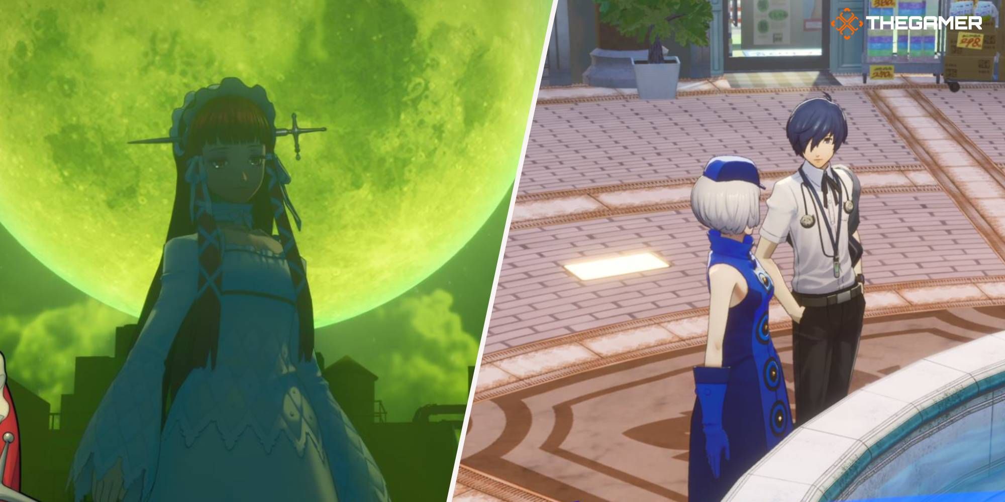 Persona 3 Reload Chidori behind full moon and Elizabeth in Paulownia Mall
