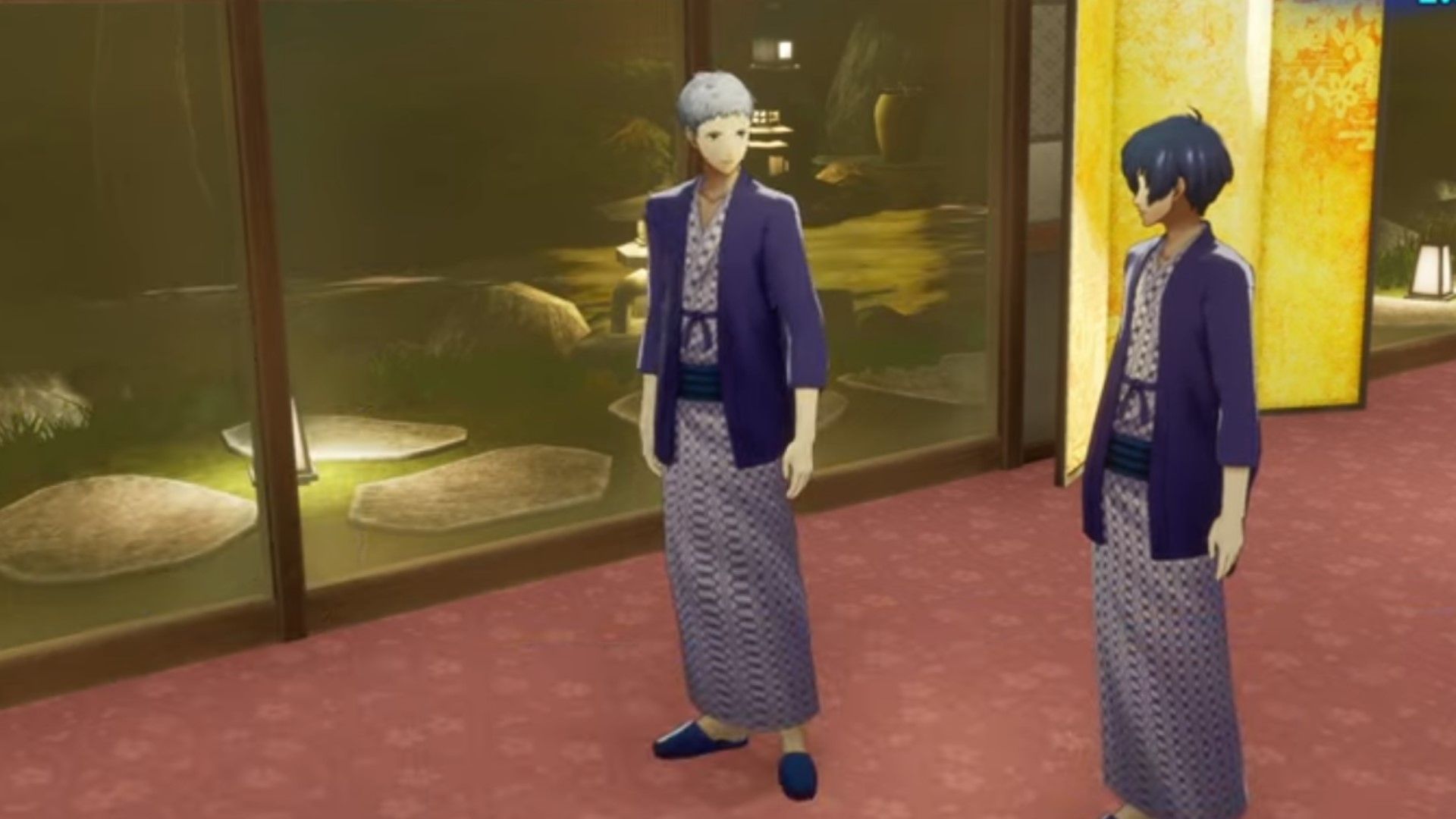 Two boys stand outside the Hot Springs in Persona 3 Reload.