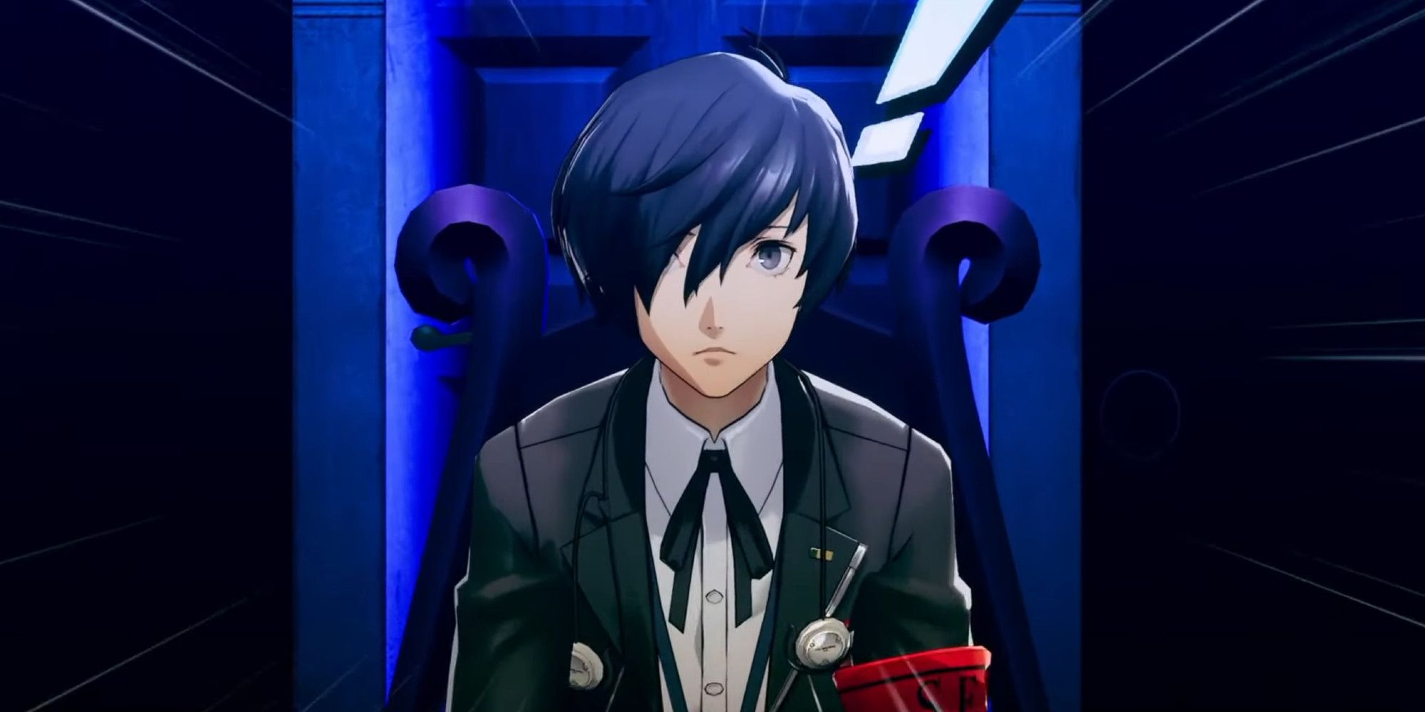 Persona 3 Reload main character looking at the camera with a door behind him