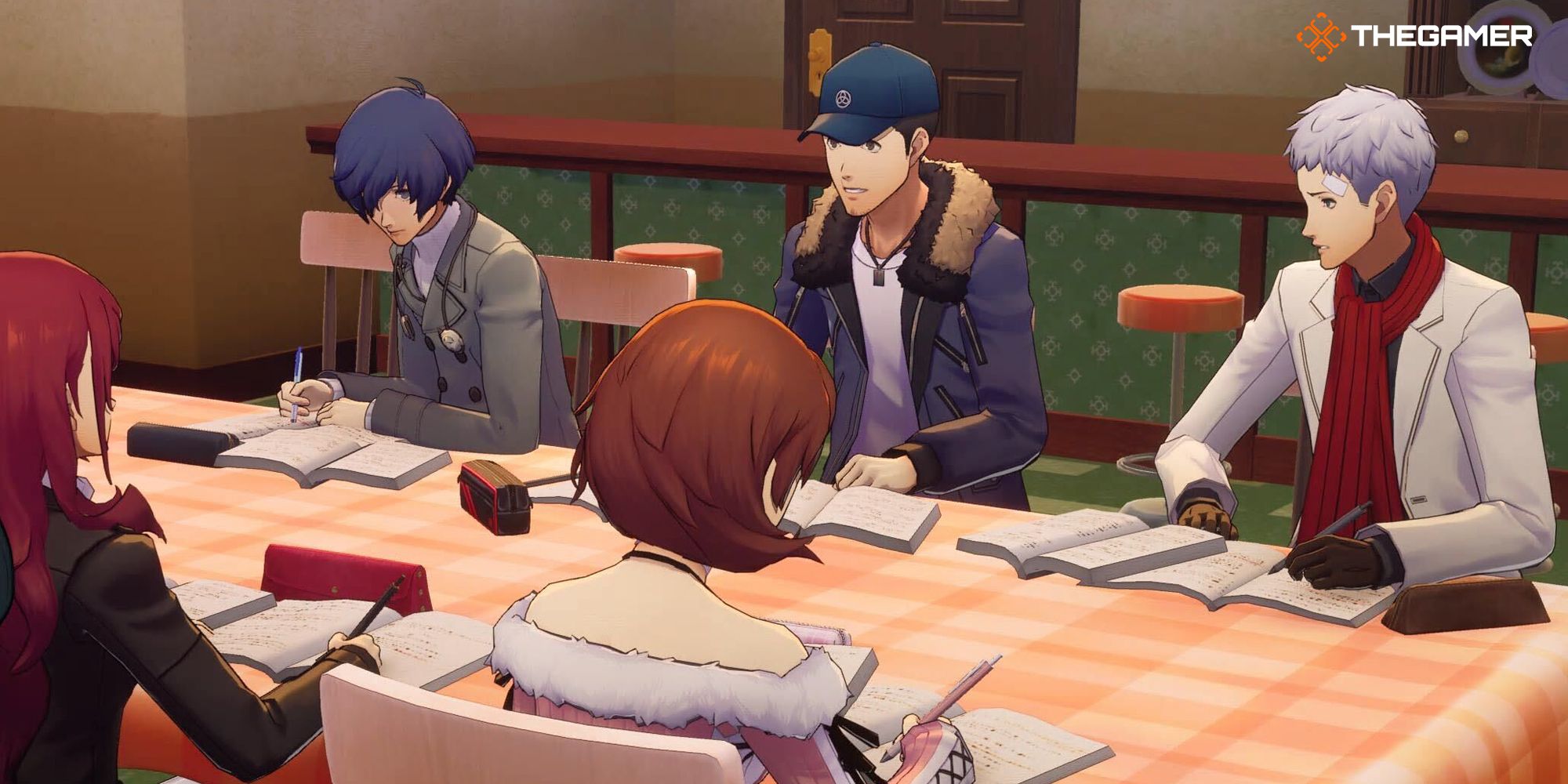 Persona 3 Reload SEES members studying at the table