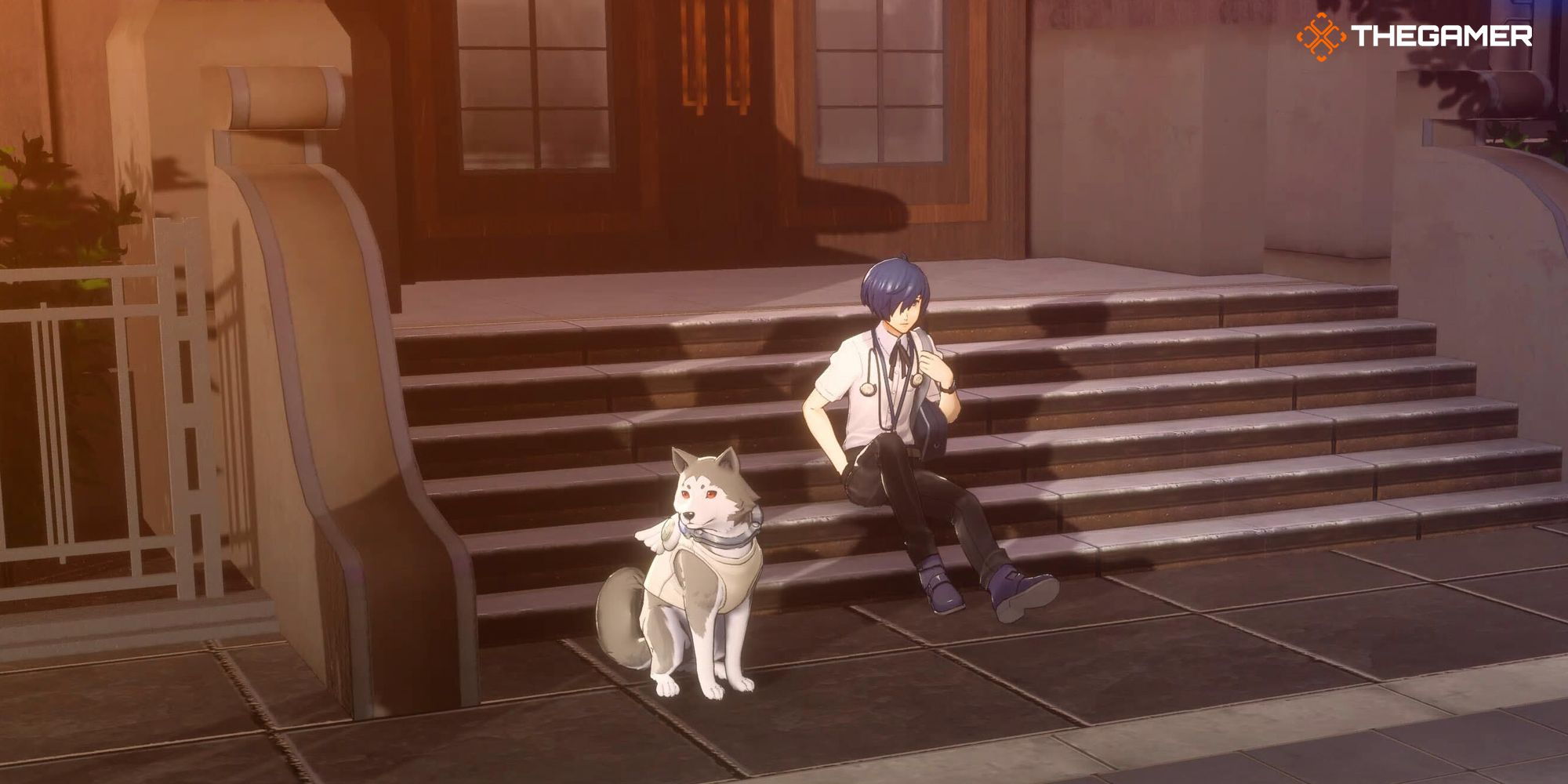 Persona 3 Reload protagonist and Koromaru sitting outside the dorm