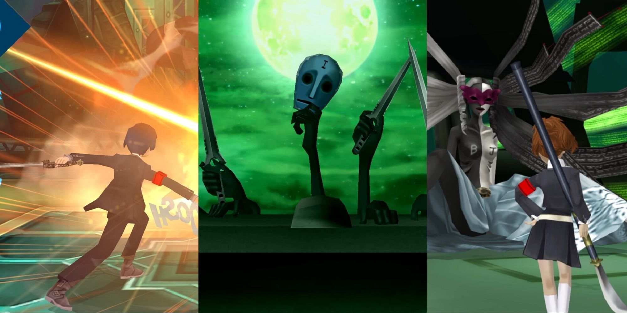 A trio of images featuring battle scenes from Persona 3 Reload