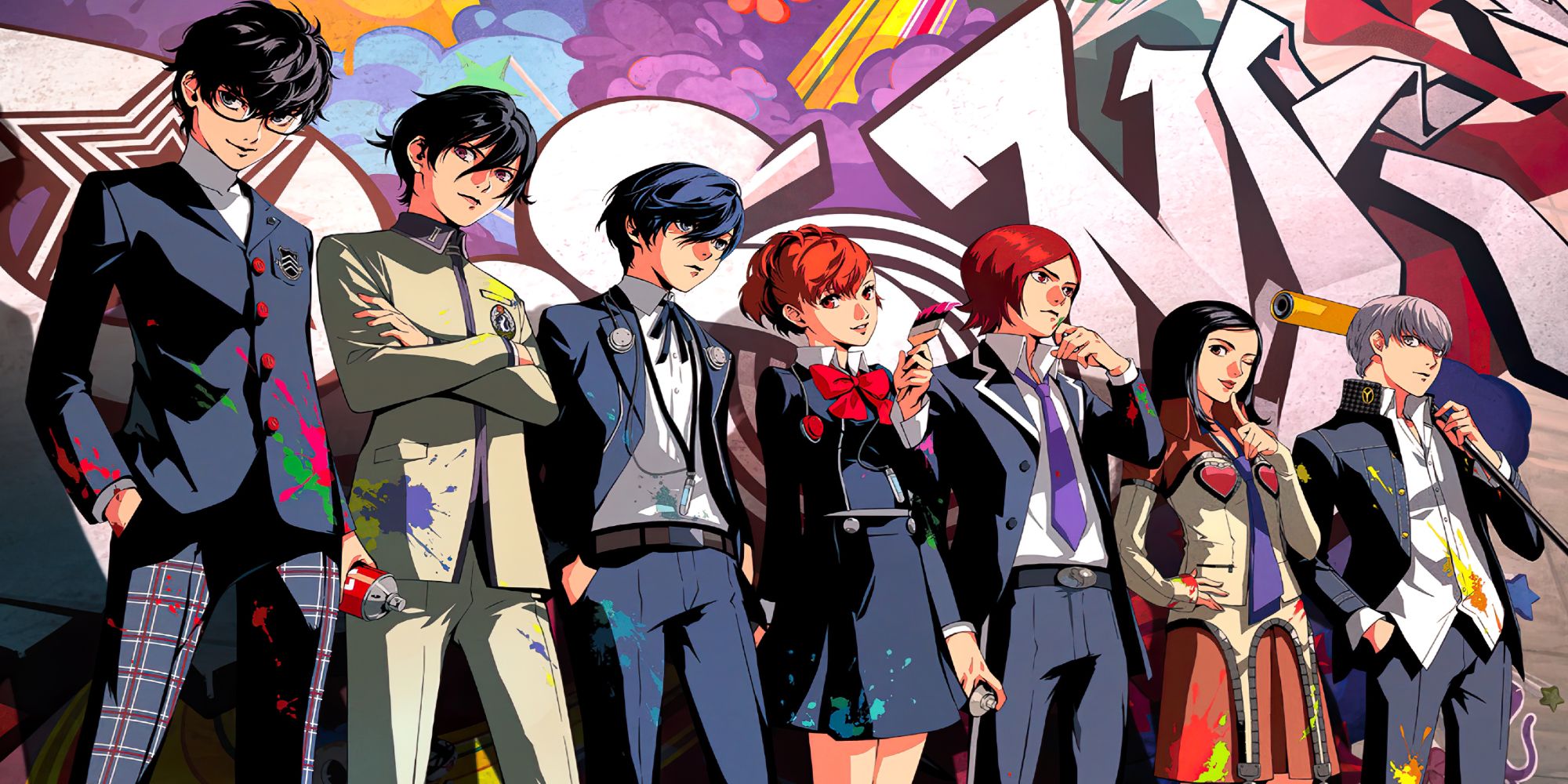 Persona characters stood in a line in front of a wall covered in graffiti