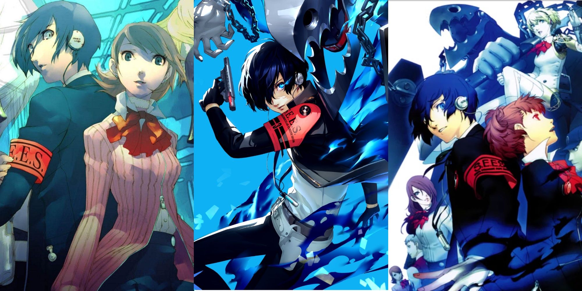 Split images of Persona 3 FES, Persona 3 Reload, and Persona 3 Portable.
