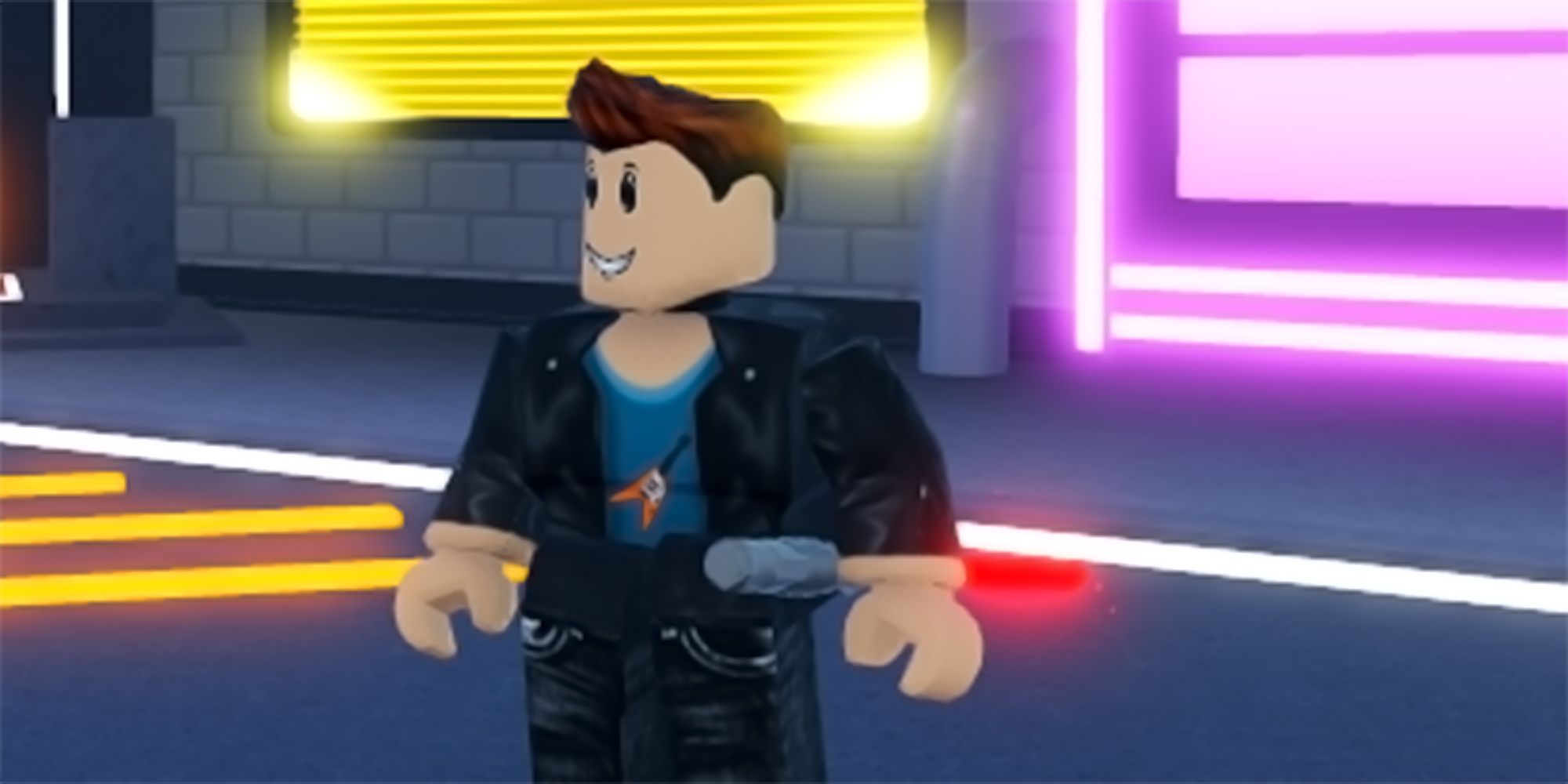 A Roblox character stands inside a futuristic plaza while wielding a red light saber in Phantom Ball.
