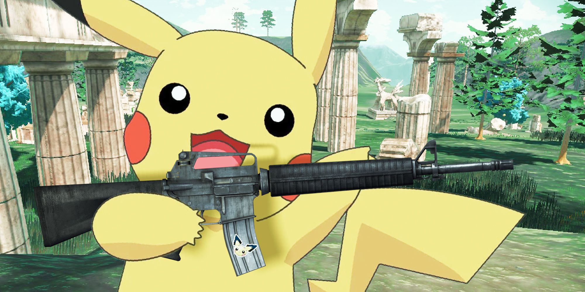 Pikachu brandishing an M16