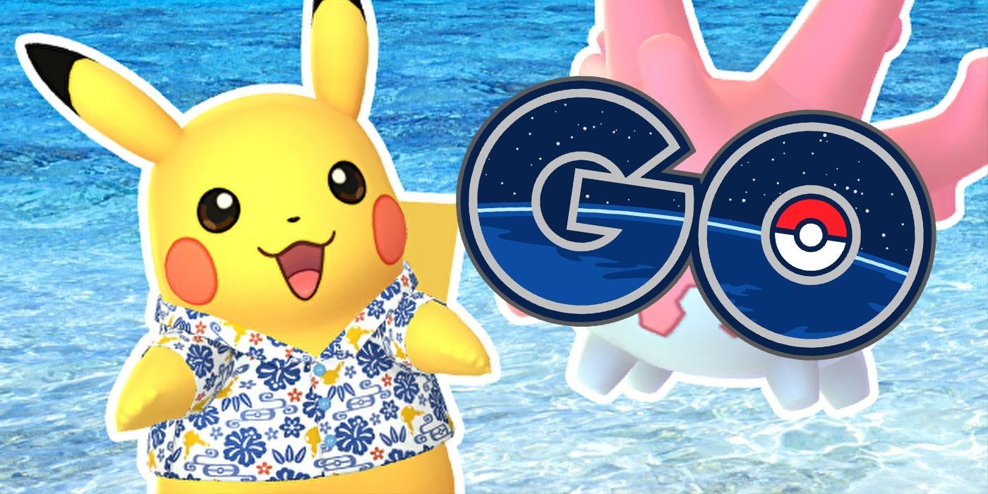 pikachu wearing a hawaiian shirt in front of the ocean in pokemon go