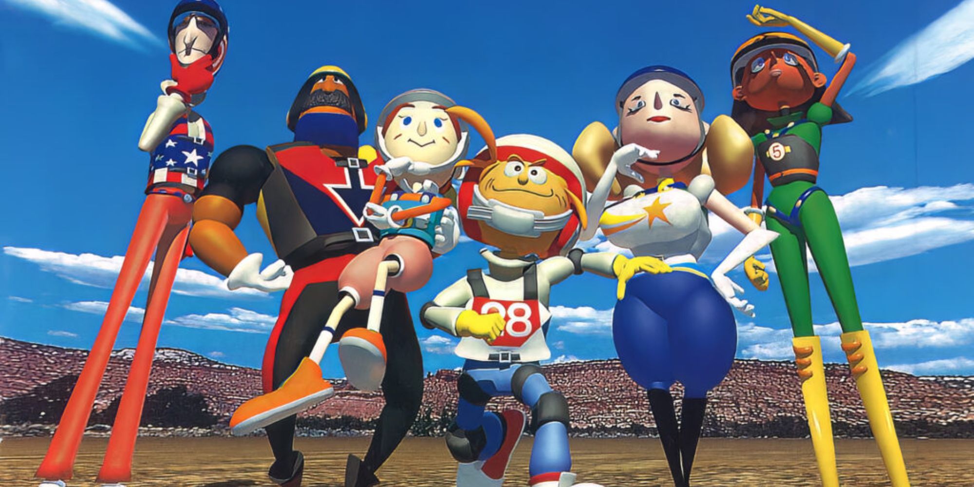 The crew from Pilotwings stands together under a blue sky