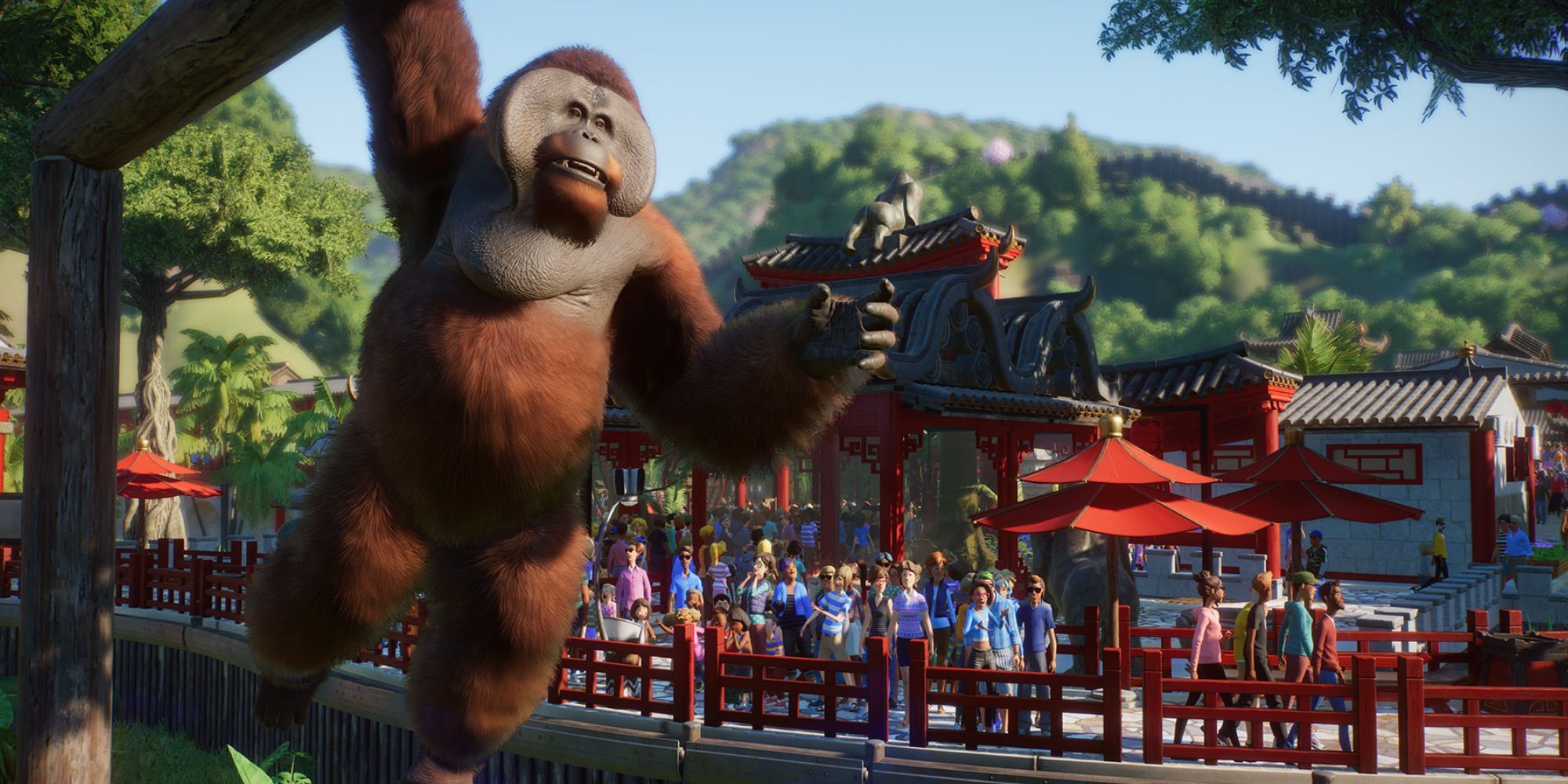 Guests walking through a zoo in Planet Zoo. 