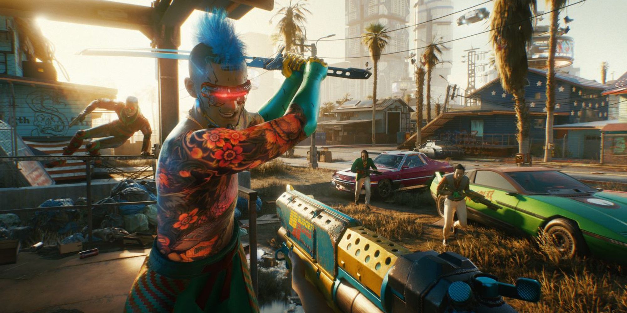 Player character in Cyberpunk 2077 getting attacked by a man with a katana with three other enemies approaching