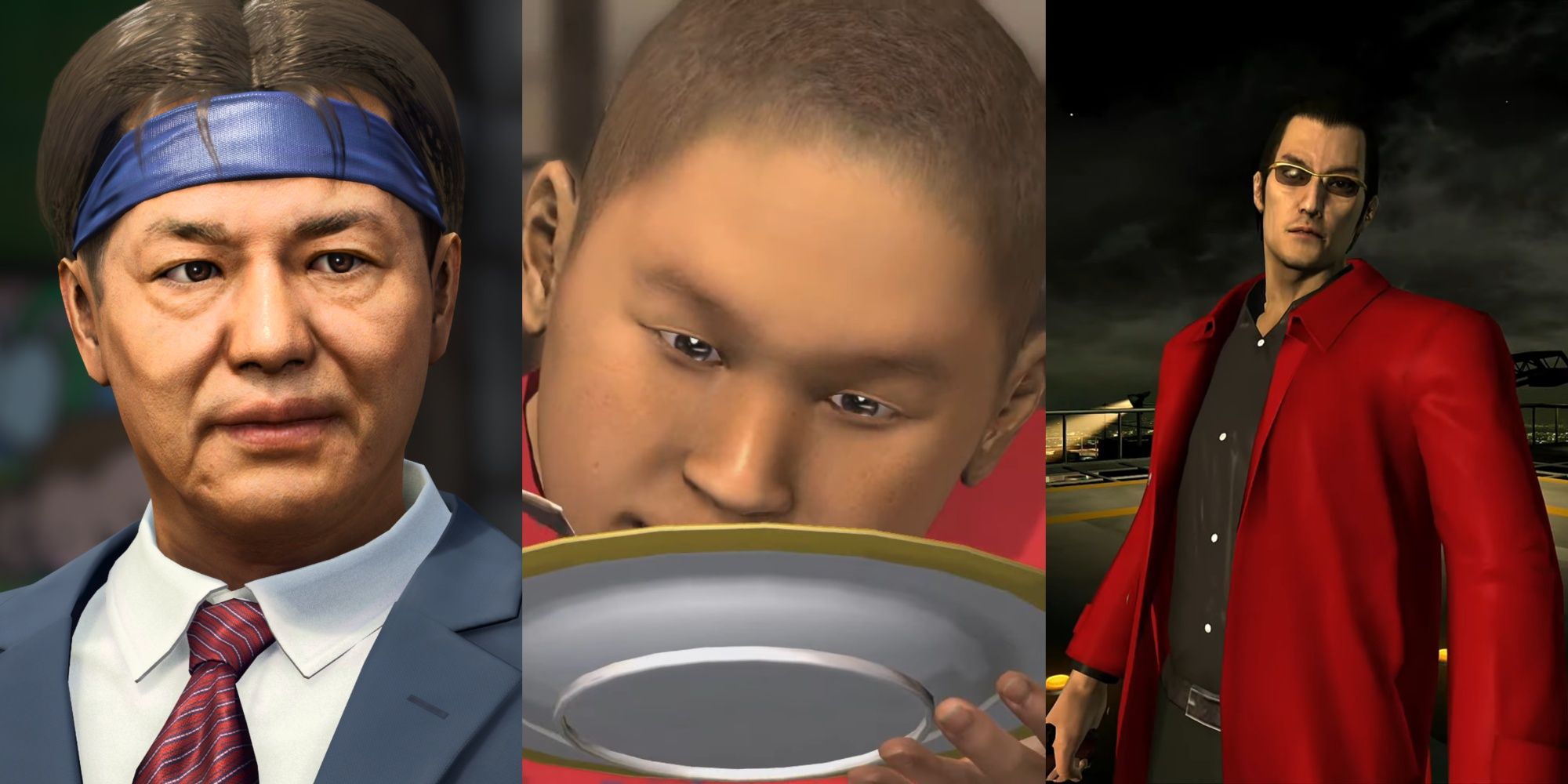 A collage showing Pocket Circuit Fighter from Like a Dragon Infinite Wealth, and Taichi and Kazuto Arase from Yakuza 3.