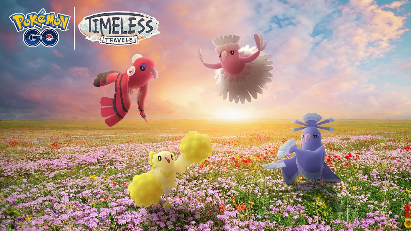 Image of four different Oricorio in a flower-filled field