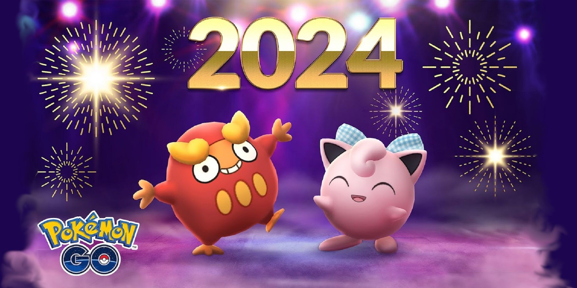 pokemon go darumaka and jigglypuff with 2024 and fireworks in the background
