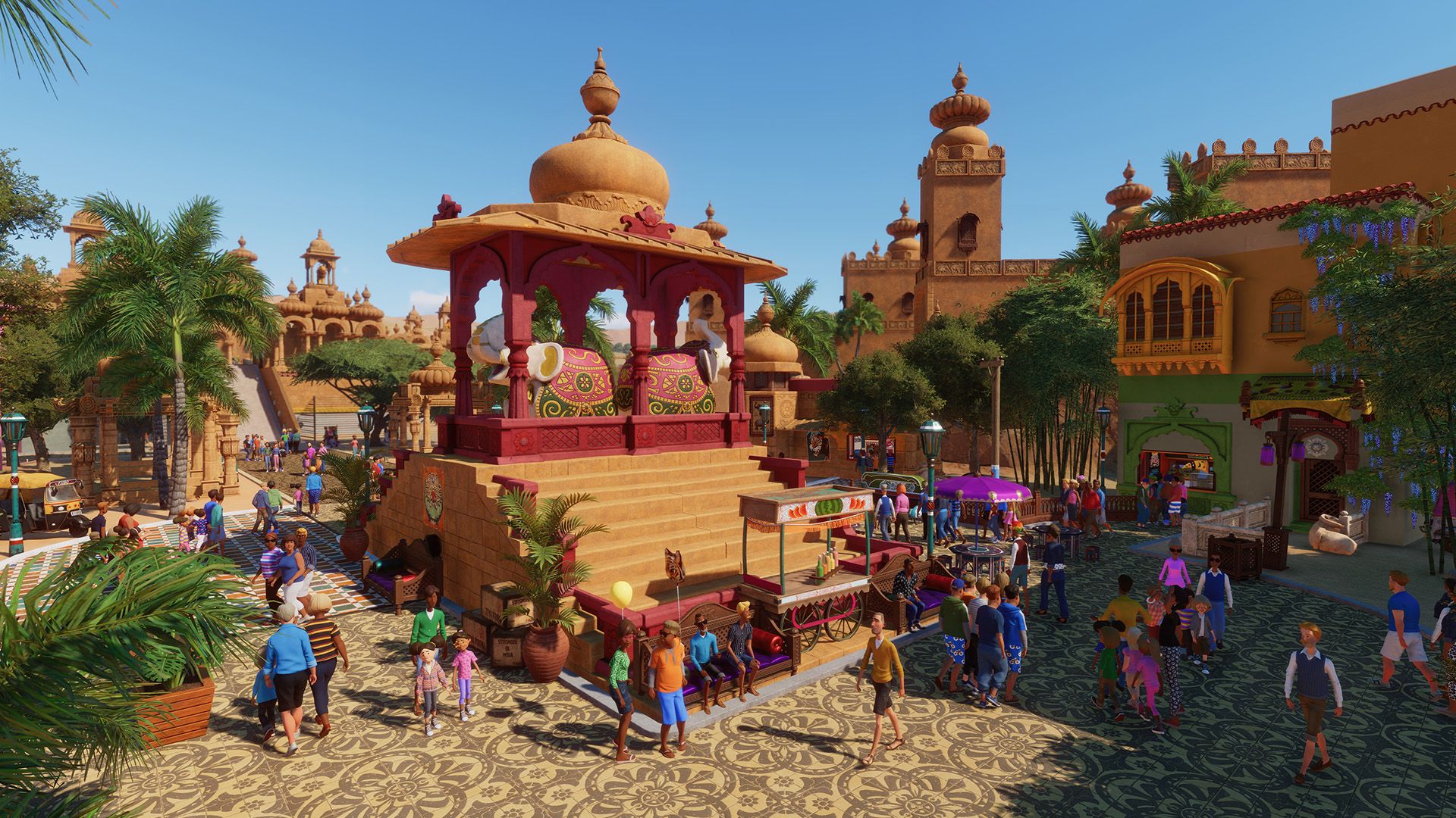 A park in Planet Zoo, showing Indian archetecture  and guest facilities