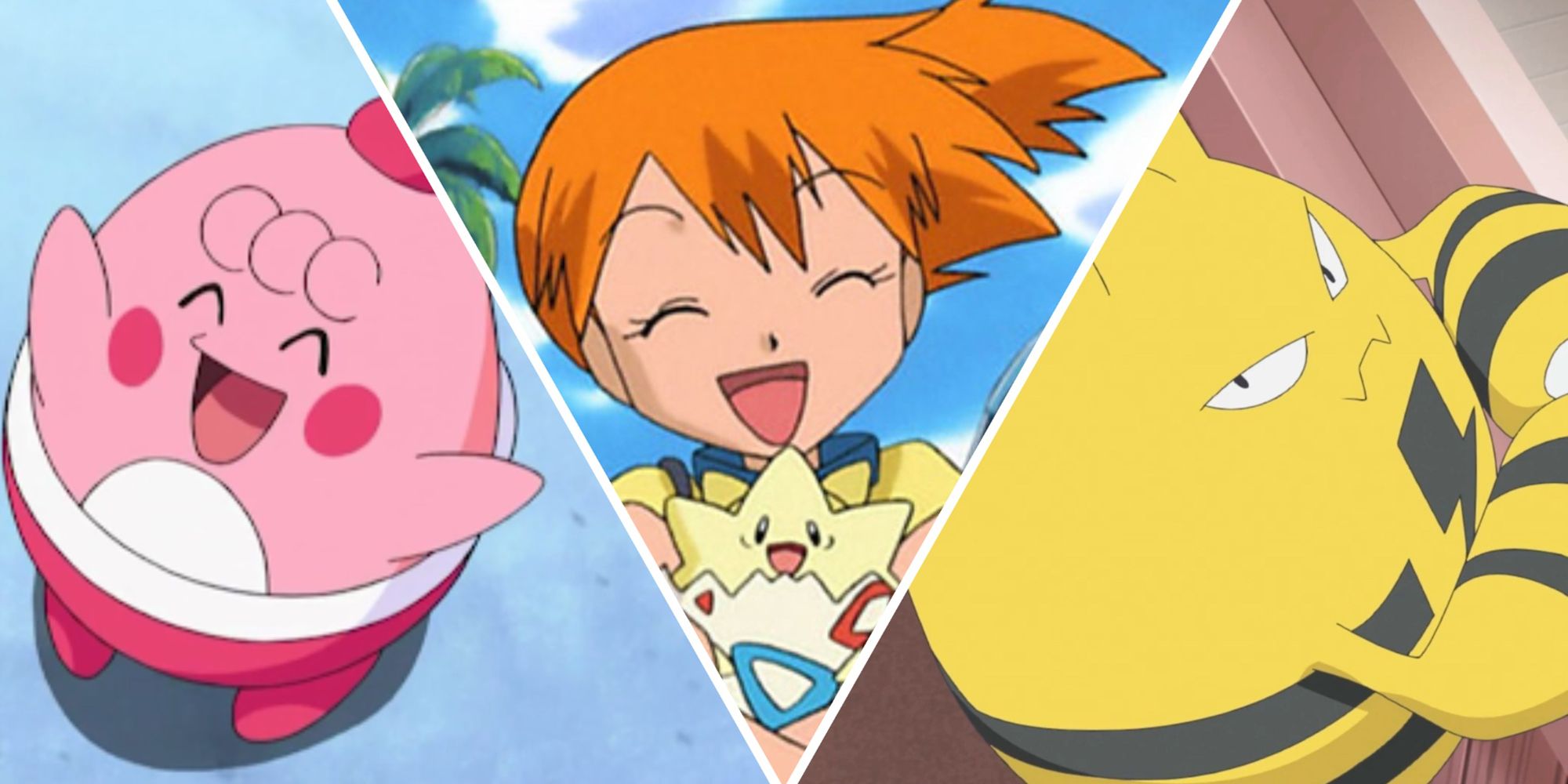 Split image of three baby Pokemon with Misty holding Togepi in the center