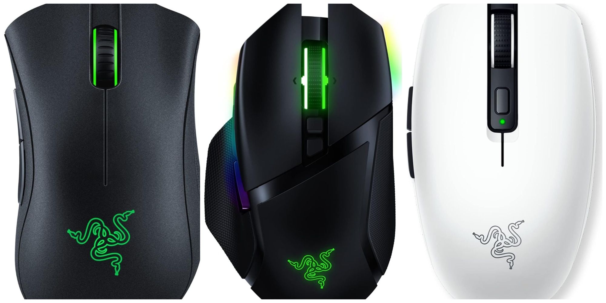 Three Razer mice aranged in a line: The DeathAdder, the Basilisk, and the Orochi.