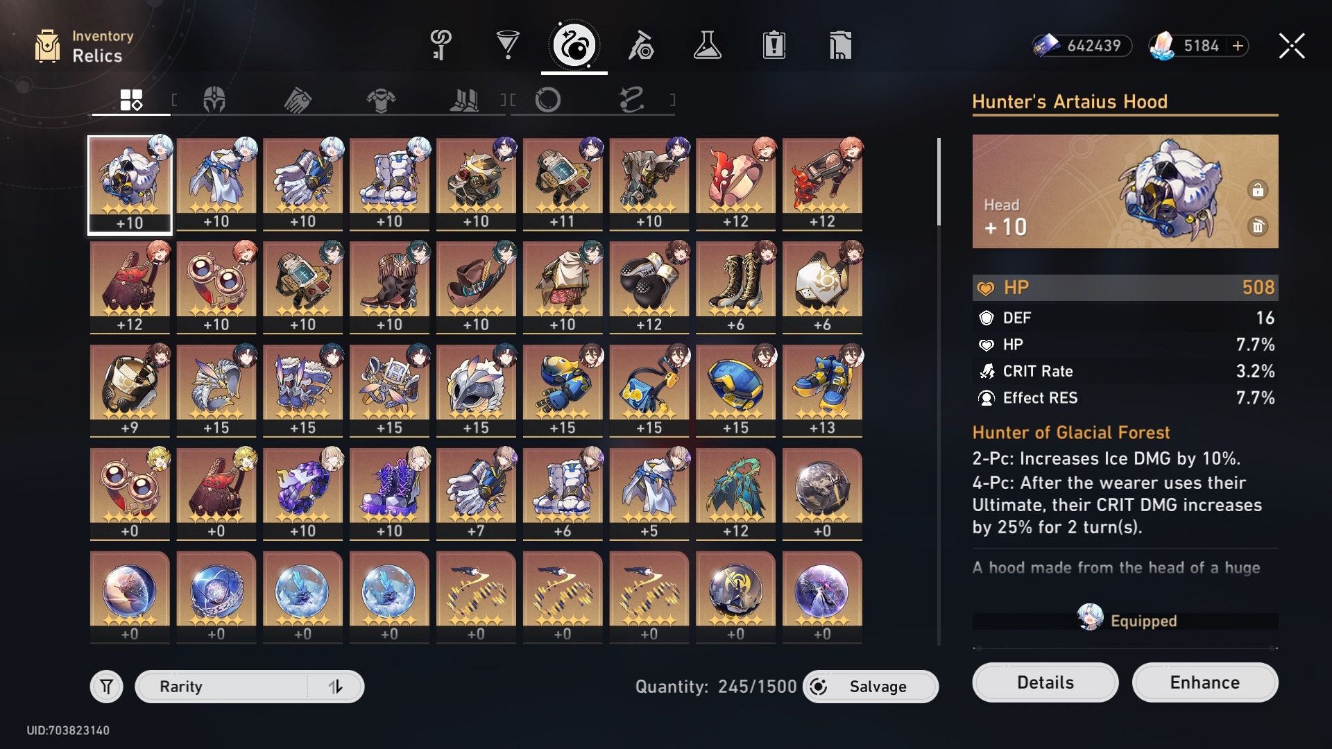The Relics Bag Menu in Honkai Star Rail.
