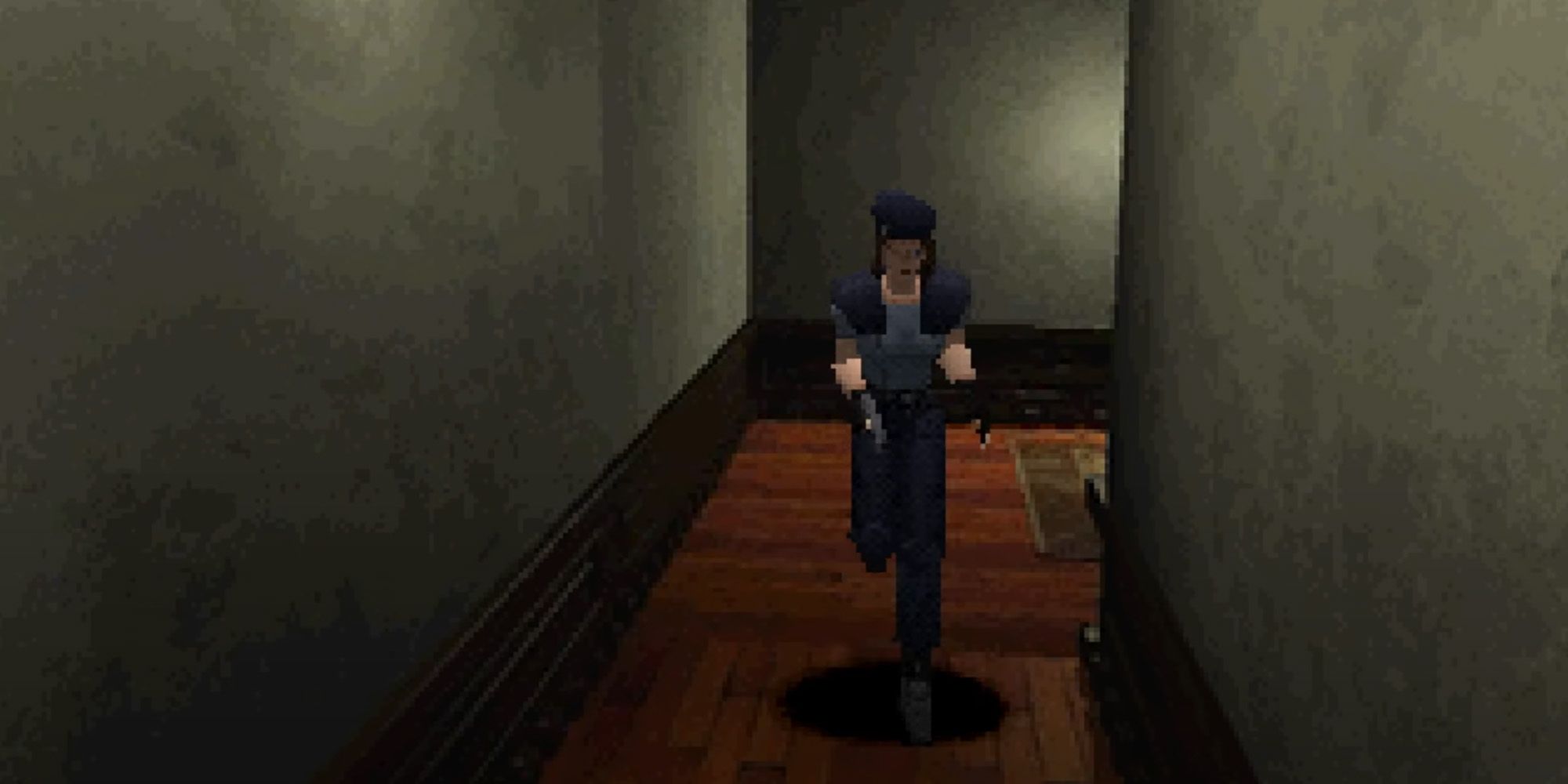 Jill Valentine running through Spencer Mansion in Resident Evil for the PS1.