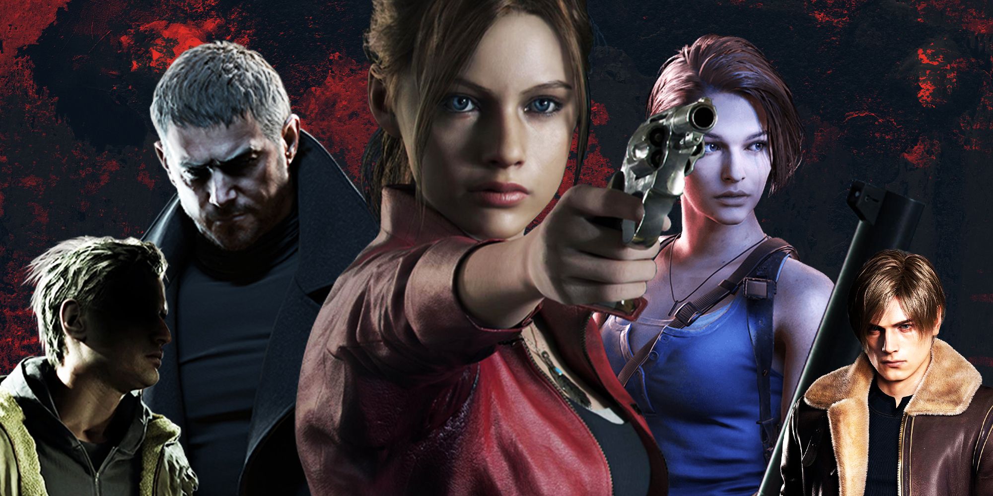 Resident Evil protagonists, from left to right: Ethan, Chris, Claire, Jill, and Leon.