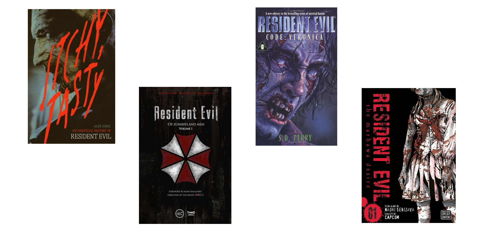 Best Resident Evil Books image header with Itchy, Tasty, Code: Veronica, The Marhawa Desire, and Of Zombies and Men