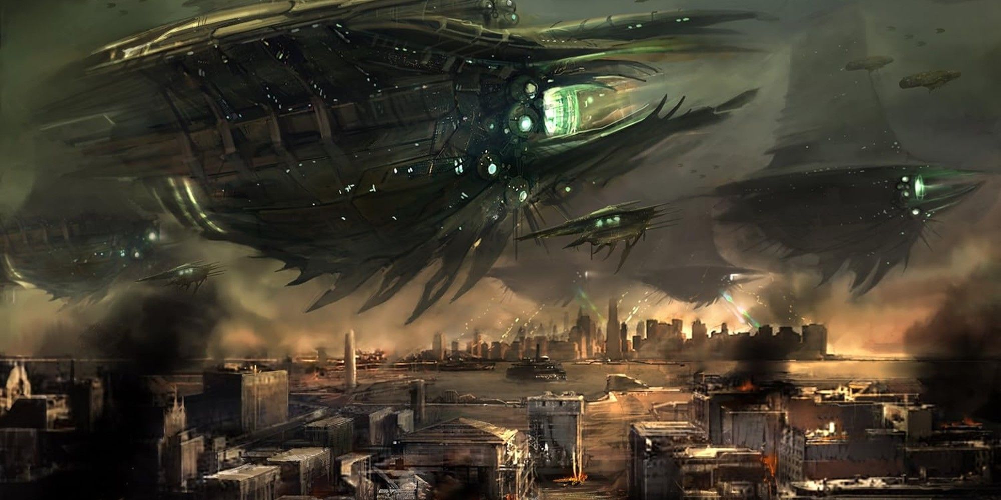 Chimera ship flying over the city. 