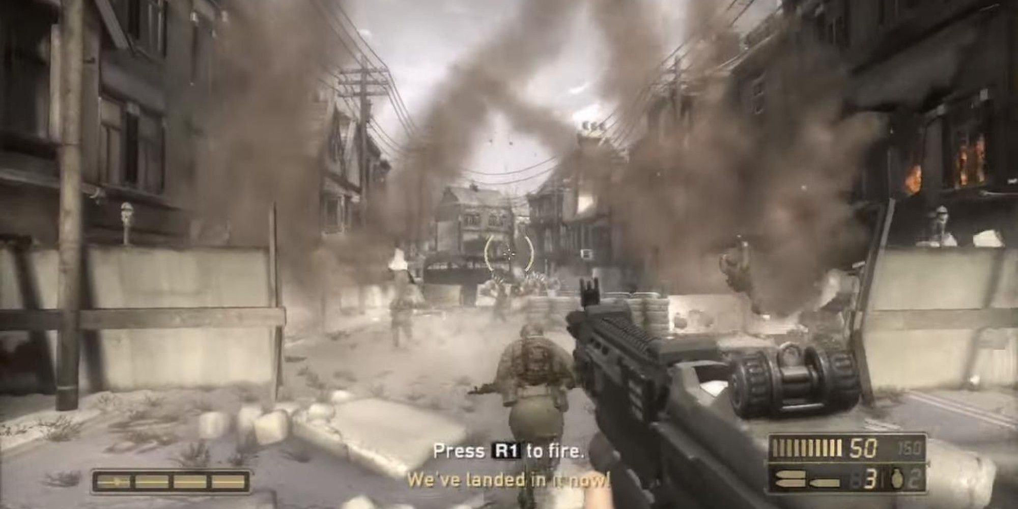 Soldiers running down a damaged and dusty London street.