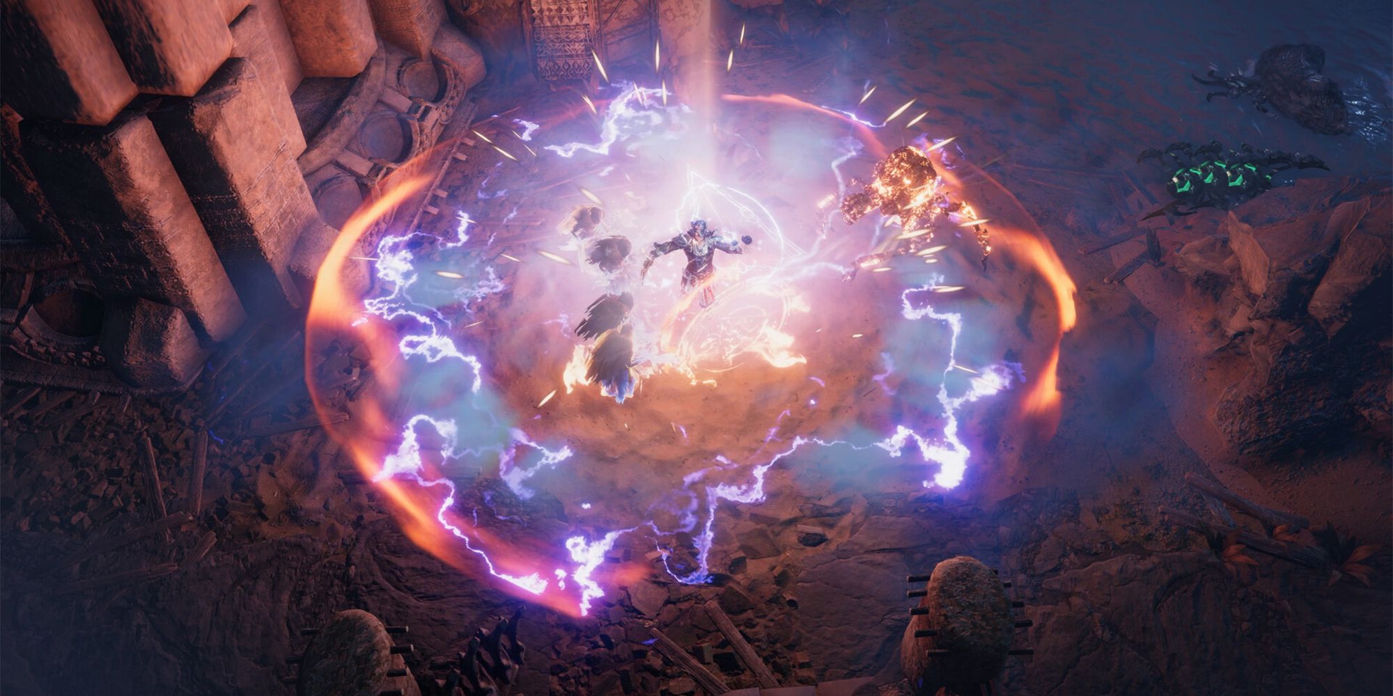 a mage using elemental nova to blast enemies with fire and lightning