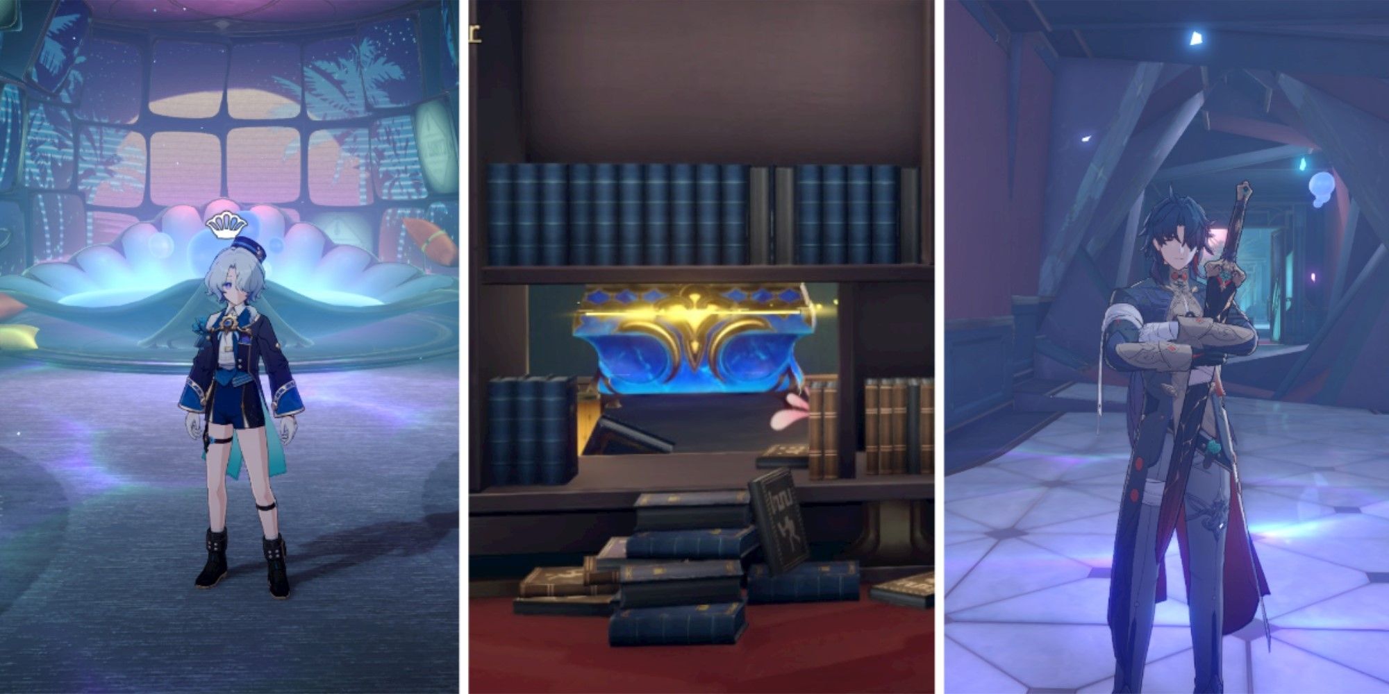 Images from Honkai Star Rail. Left: Misha stands in front of a bed. Centre: A treasure chest is behind a bookcase. Left: Blade stands in front of a moving hallway.