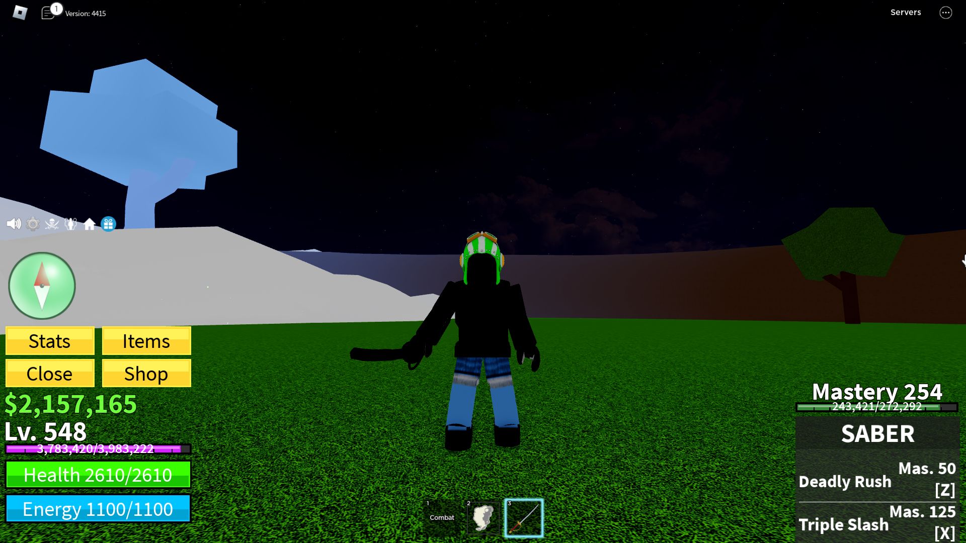 Roblox Blox Fruits, a character using Saber and wearing Usoap&rsquo;s Hat