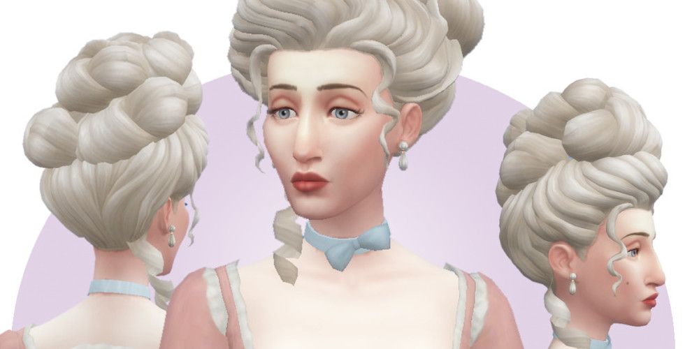 A Sim with a rococo-era powdered wig, seen from a variety of angles