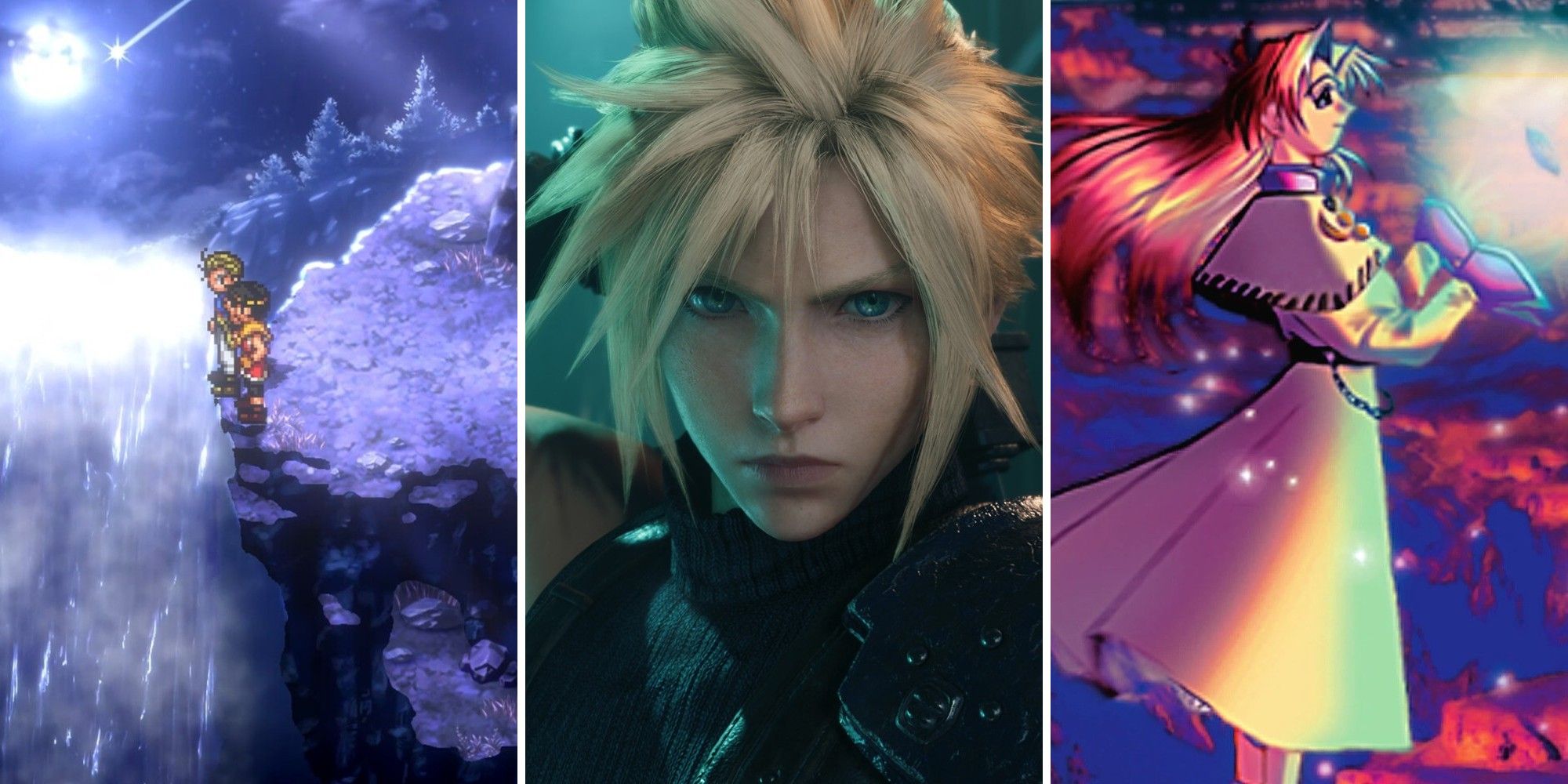 Split image Suikoden 2 characters on clifftop, Final Fantasy 7 Remake's Cloud, and Wild Arms character standing
