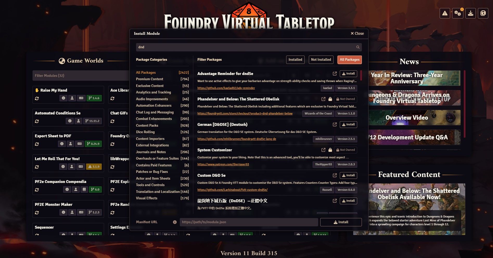 Foundry&rsquo;s add-on modules importer, showing an assortment of the available third party features