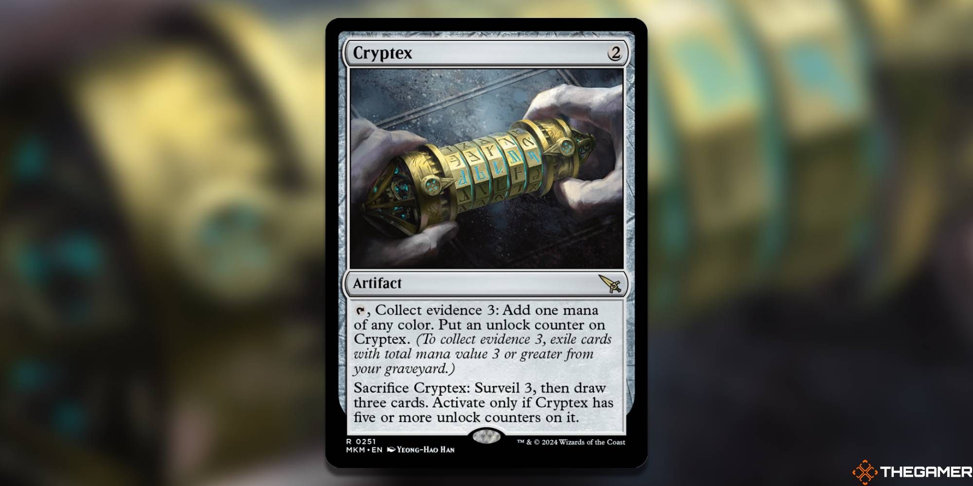 Screenshot of Cryptex, a colorless MTG card portraying the collect evidence mechanic