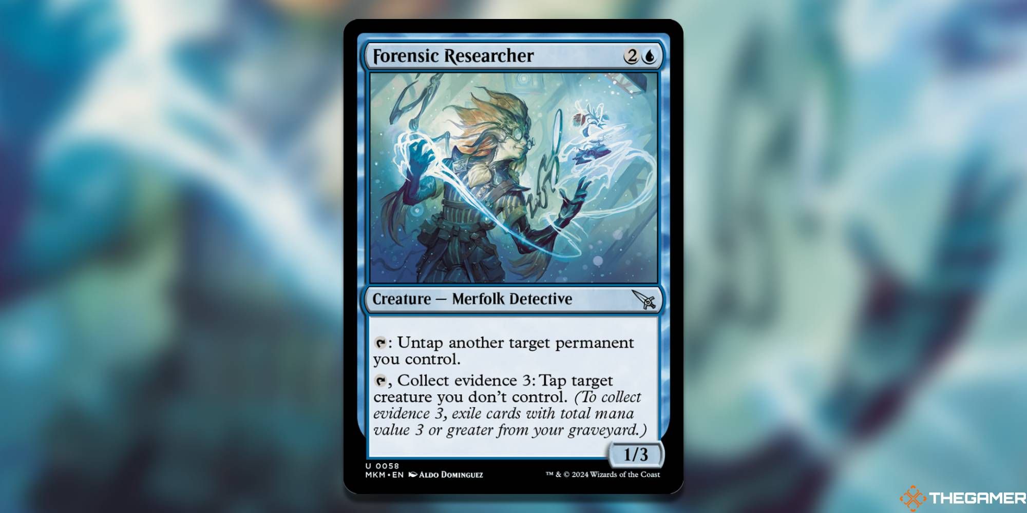 Screenshot of Forensic Researcher, a colorless MTG card portraying the collect evidence mechanic (1)-3