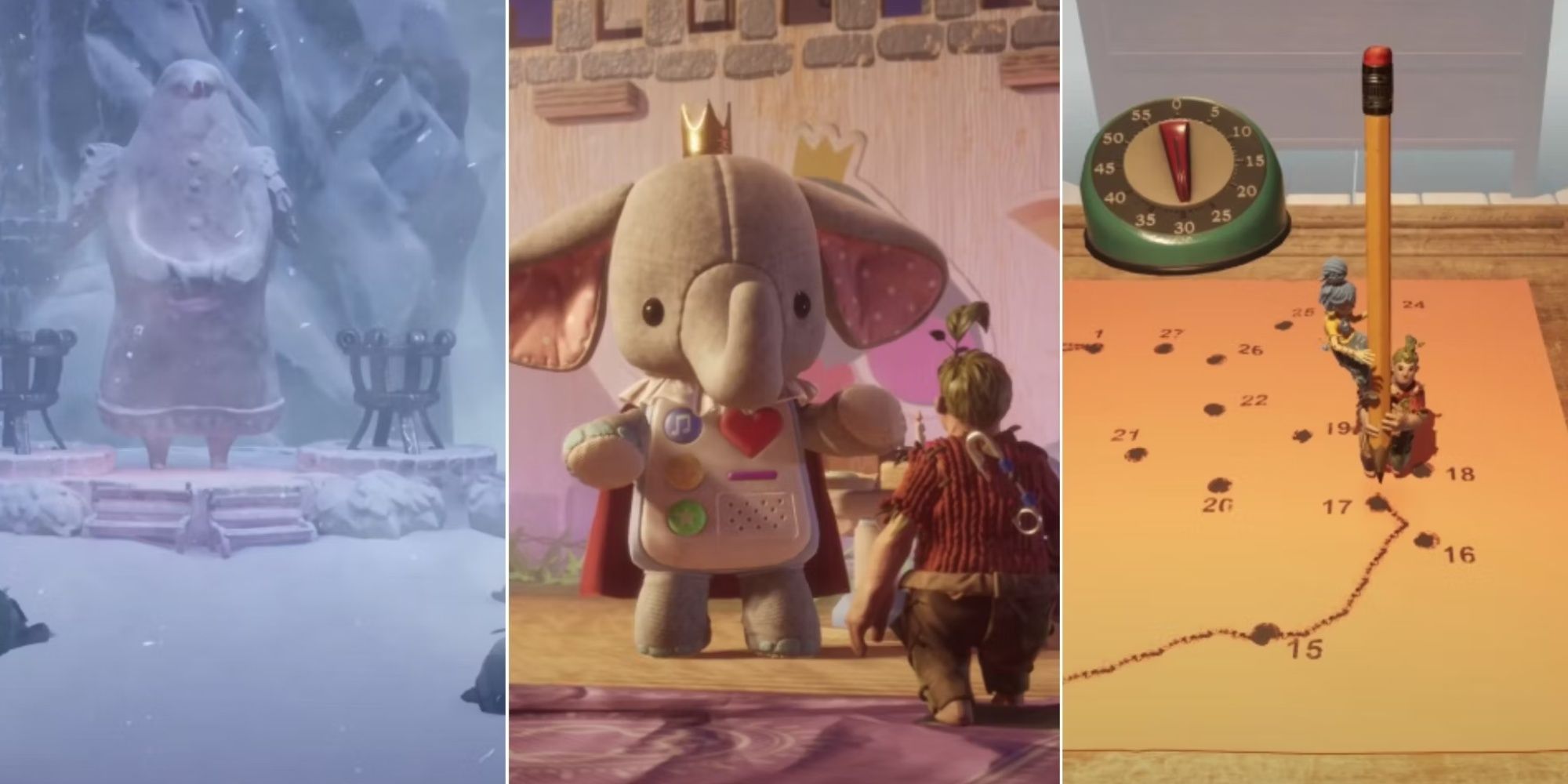 Screenshots From It Takes Two Game Play Showing The Snow Globe Level, Cutie The Elephant and Cody and May and Cody Completing The Dot-To-Dot Puzzle.