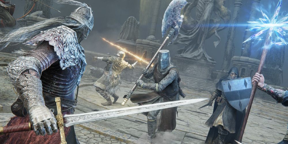 Several soldiers with sword and spells fighting in Elden Ring