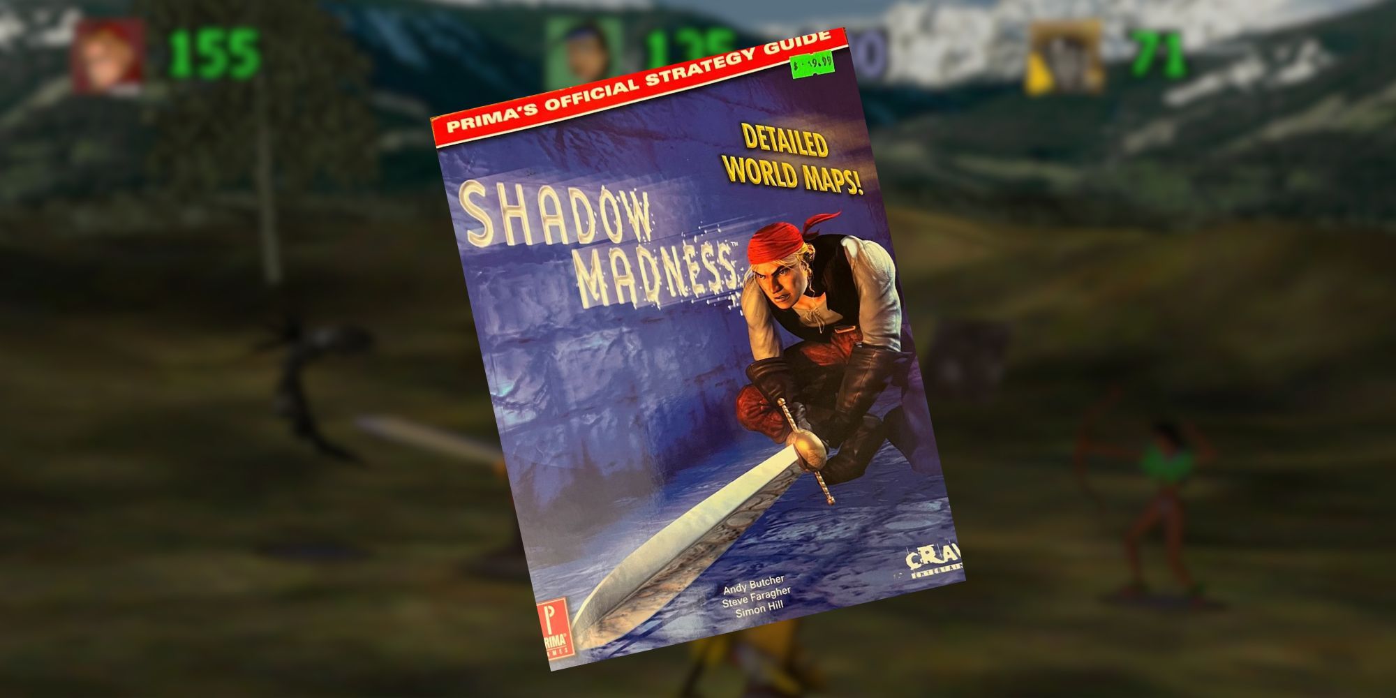 The cover of the Shadow Madness strategy guide. In the background, there's a blurred screenshot of Shadow Madness's gameplay