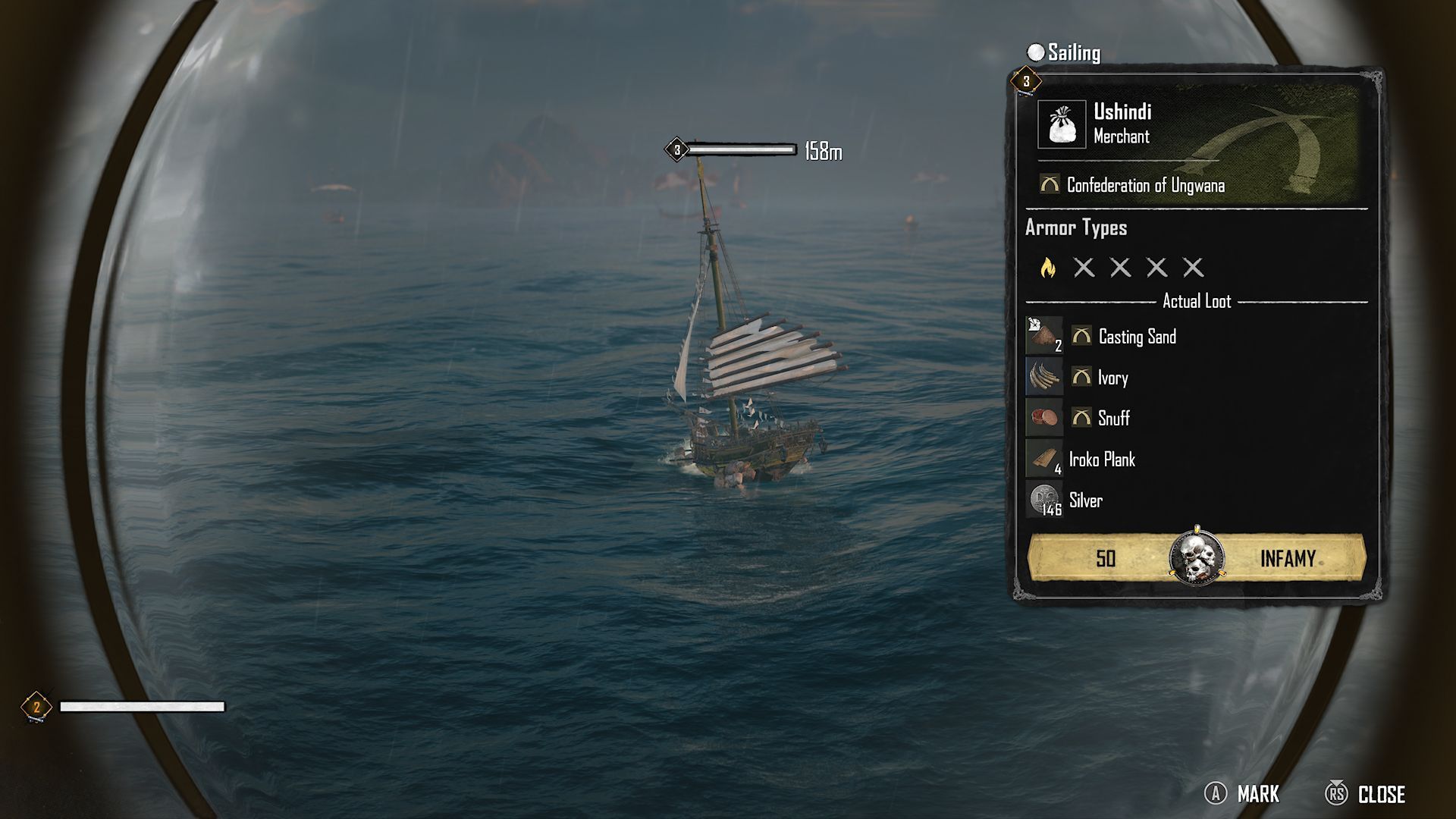 A player looking at a Merchant ship through a Spyglass, revealing what items the ship is carrying in Skull and Bones.