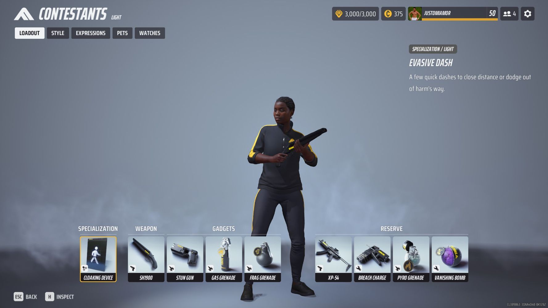 Light Class Contestant Menu Showing The Light Shotty Cloaking Build in The Finals