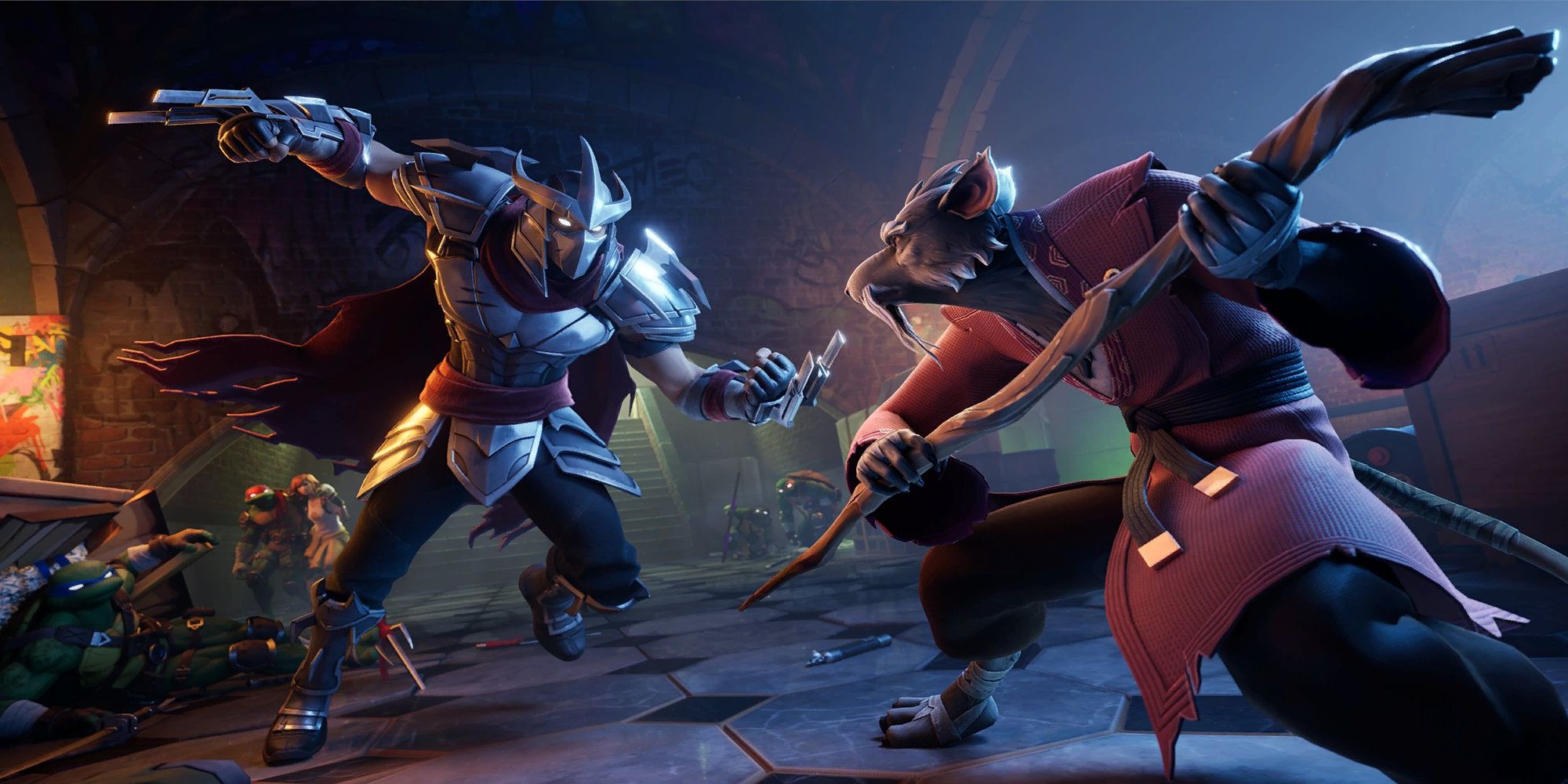 Shredder and Splinter fighting in the sewers in Fortnite