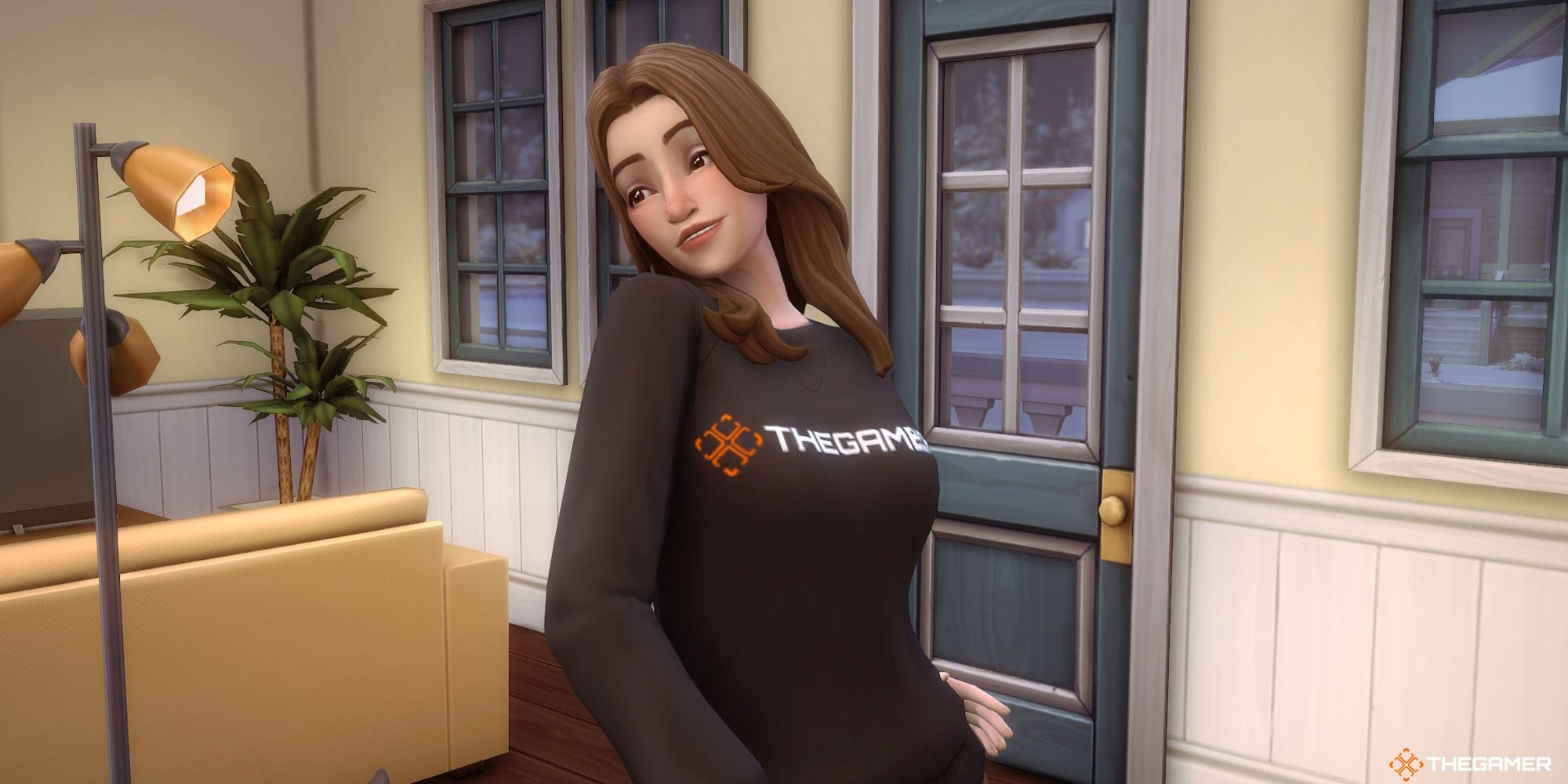 A Sim poses with a skin overlay in The Sims 4