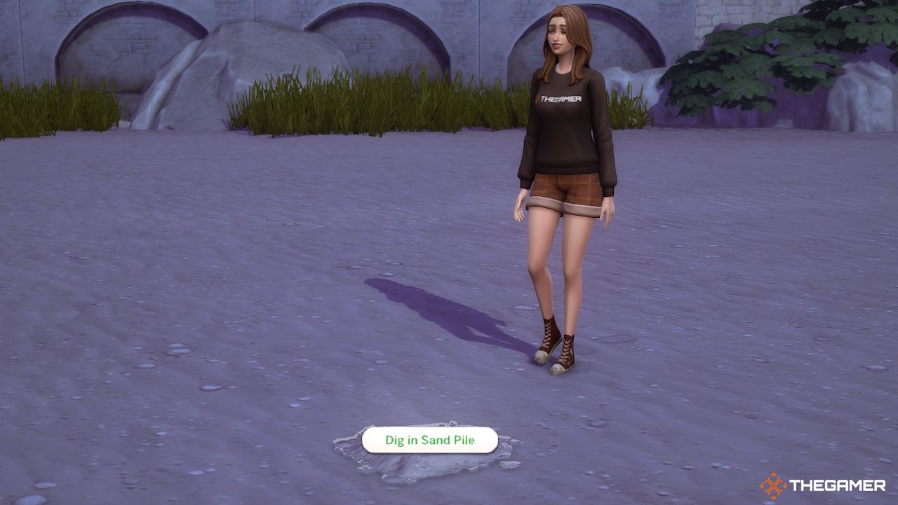 A Sim with the option to dig in a sand pile on a beach