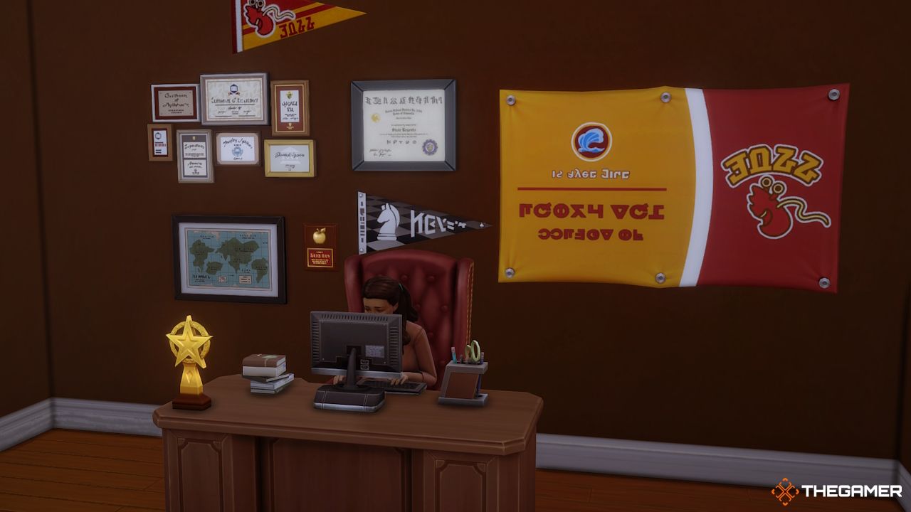 An administrator works at their desk in Sims 4