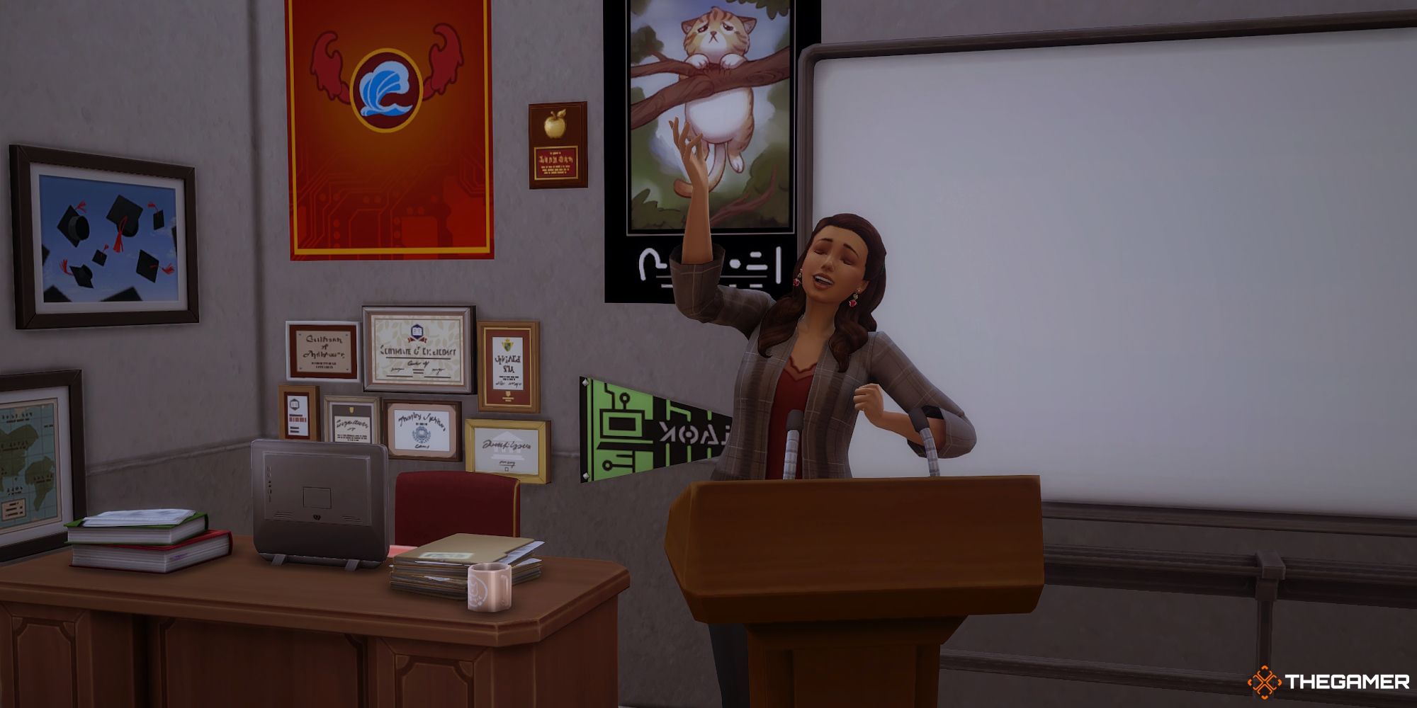 A Sim in the Education career teaches a class in The Sims 4