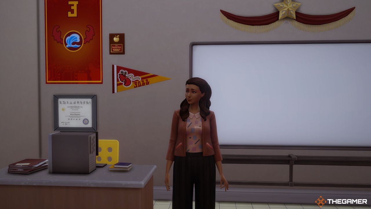 A Sims 4 teacher stands in their classroom 