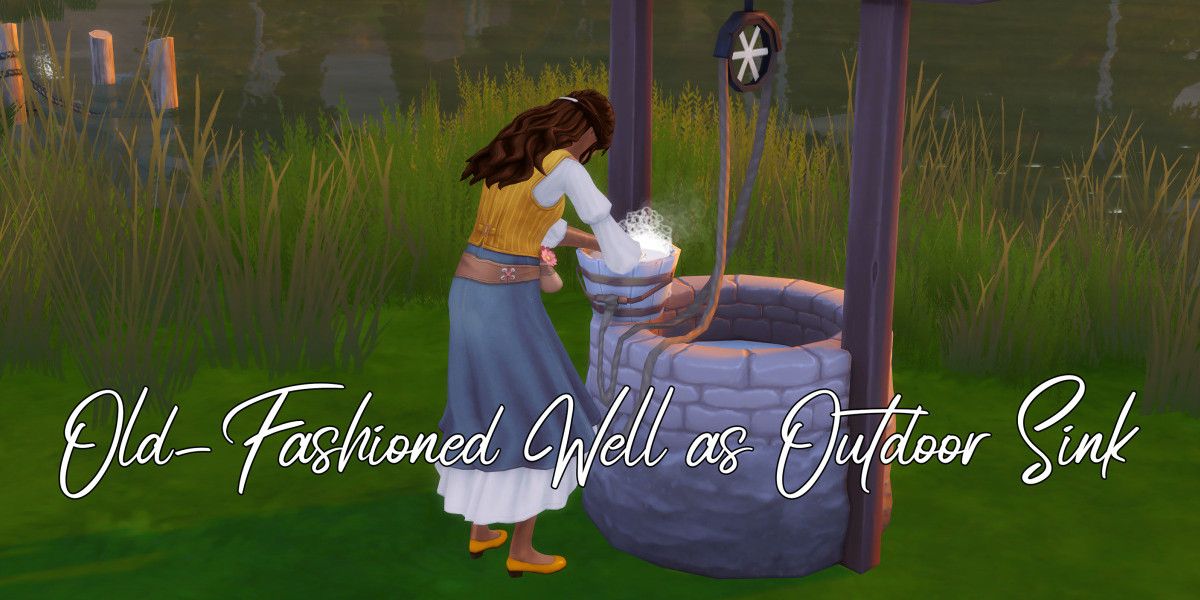 A Sim draws water from a well.